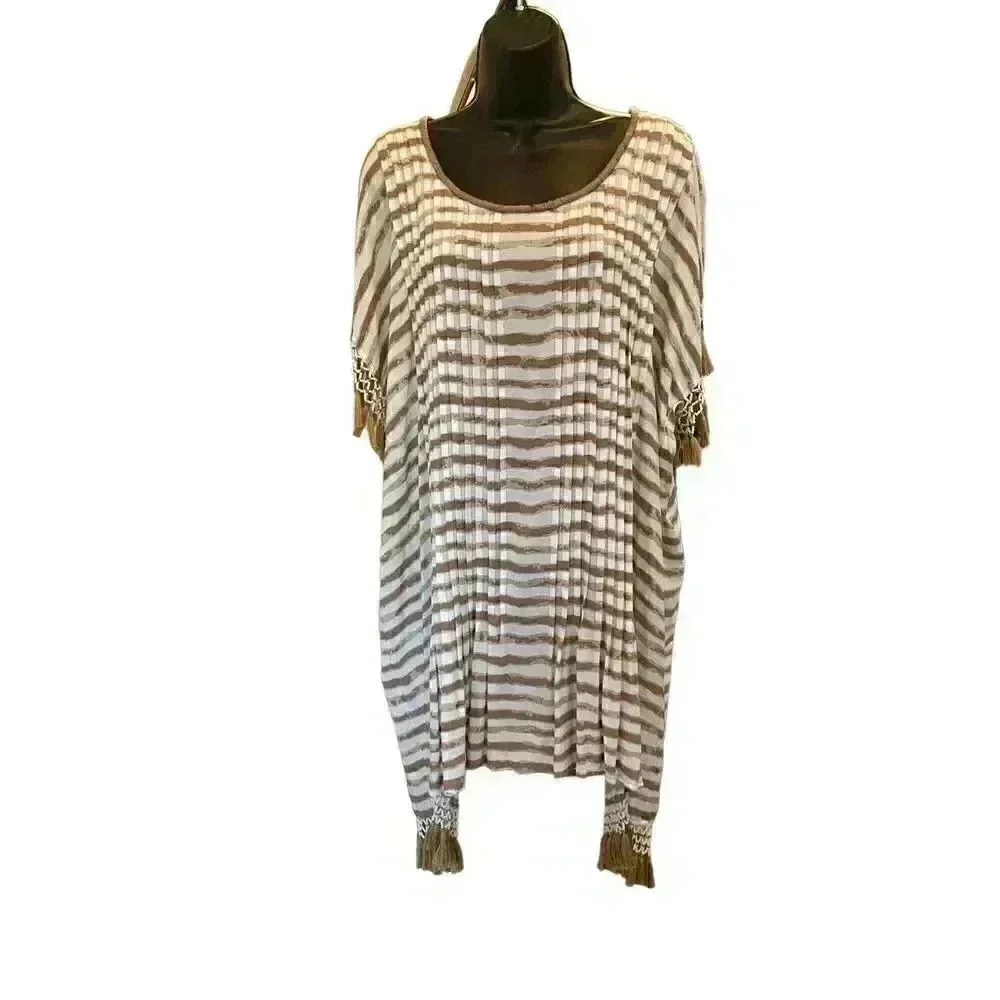 SKEMO Tan and White Beaded Kaftan Swimsuit Coverup - size Small